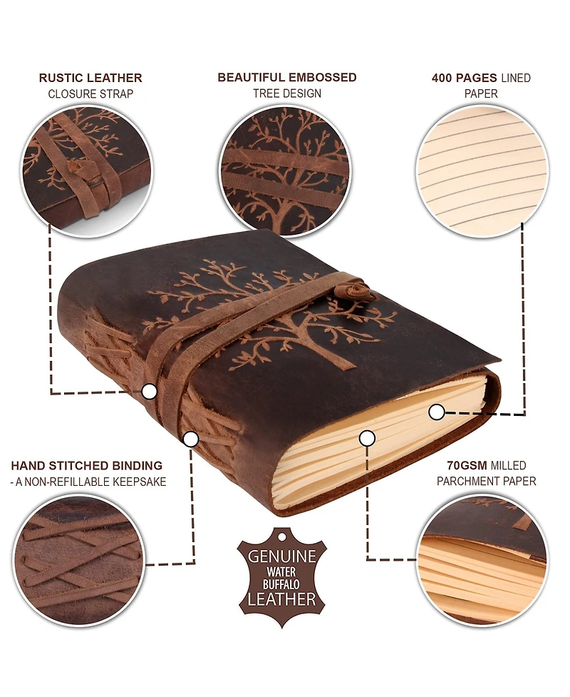 Danrong Full Grain Buffalo Leather Embossed Tree Of Life Lined Notebook Handstitched Binding - x