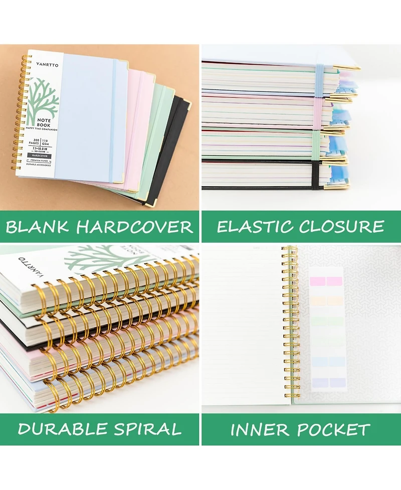 Danrong Hardcover Spiral Notebook College Ruled Lined Paper Thick Pages Elastic Closure Pocket Index Tabs