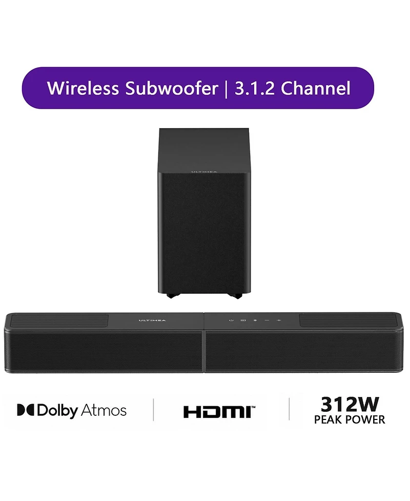 Ultimea Poseidon M70 3.1.2ch Dolby Atmos Sound Bar with Wireless Subwoofer,2 Up-Firing Drivers,312W Peak Power BassMX, Hdmi eARC