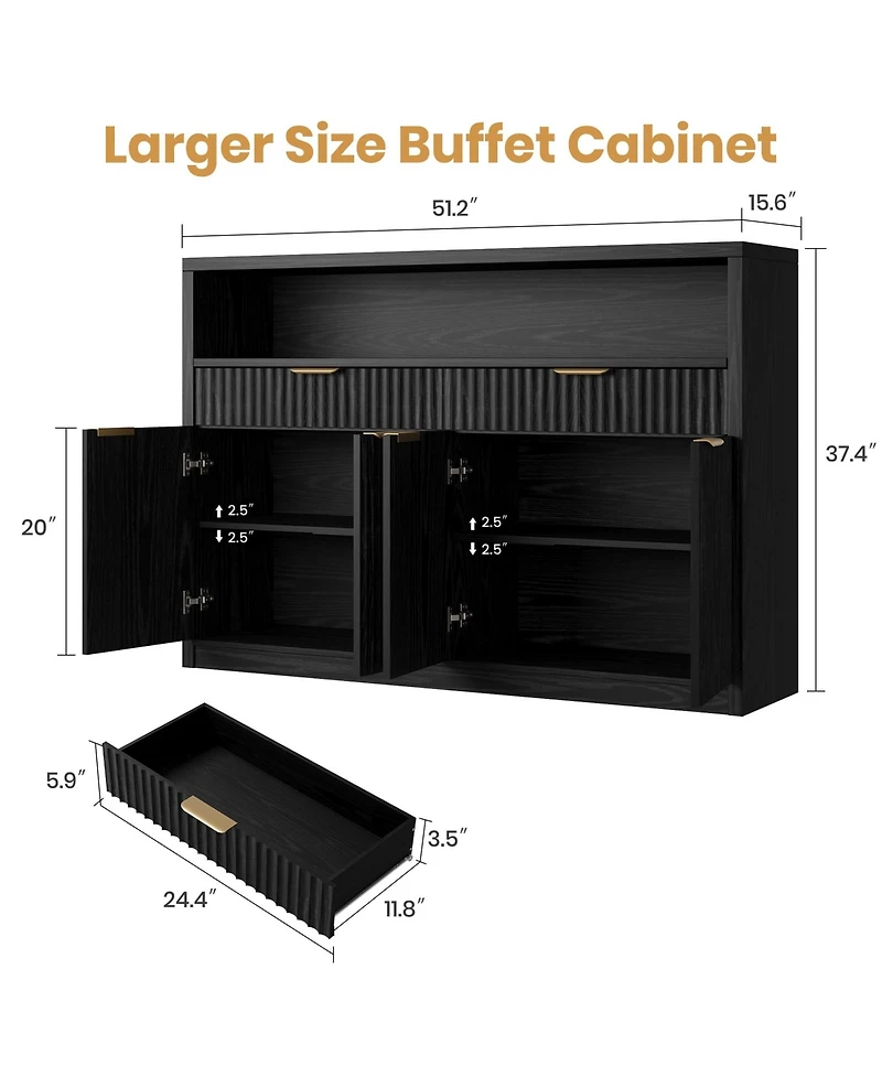 gaomon Fluted Buffet Sideboard Cabinet, Modern Wooden Storage Hutch with 2 Drawers, Adjustable Shelves, Coffee Bar Cabinet
