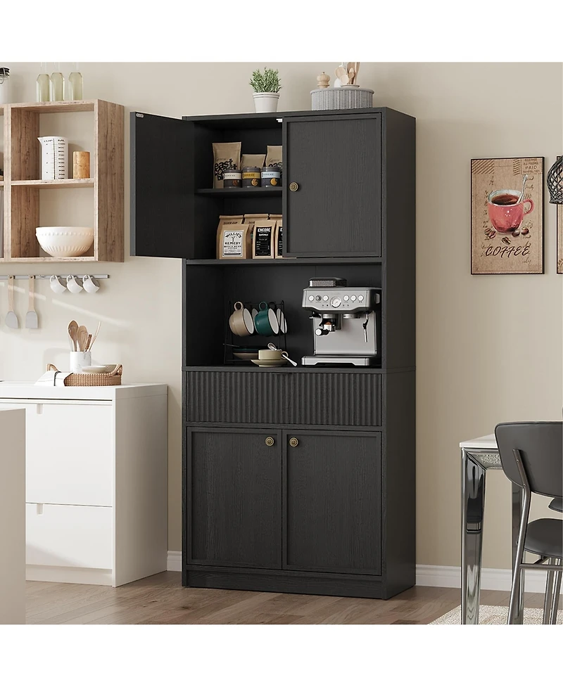 Gaomon Kitchen Pantry Cabinet, 70" Tall Storage Cupboard with Microwave Countertop, Drawer and Adjustable Shelves for Dining Room