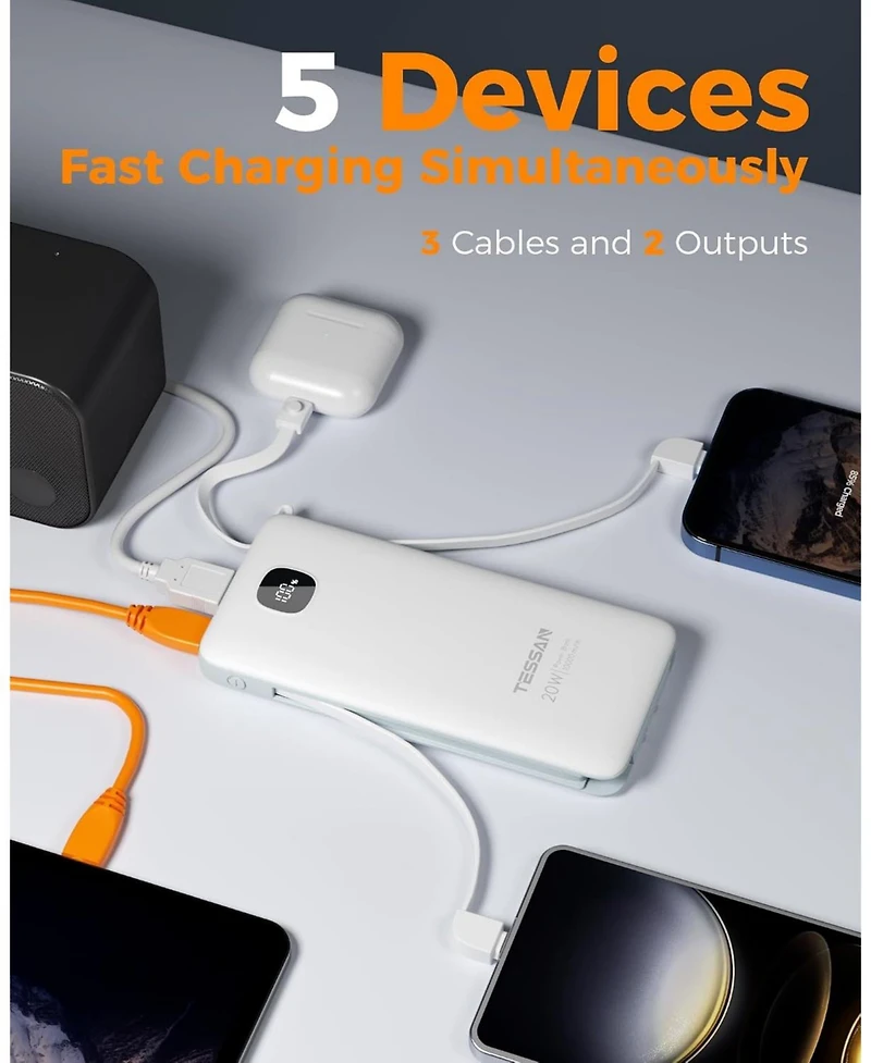 Tessan 10000mAh Portable Charger with Built-In Cables and 20W Pd for Compatible Devices