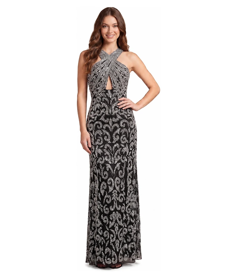 Lara Plus Beaded Halter Front-Slit Dress