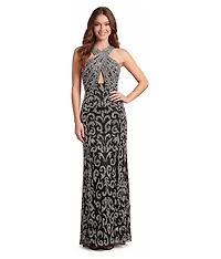 Lara Plus Beaded Halter Front-Slit Dress