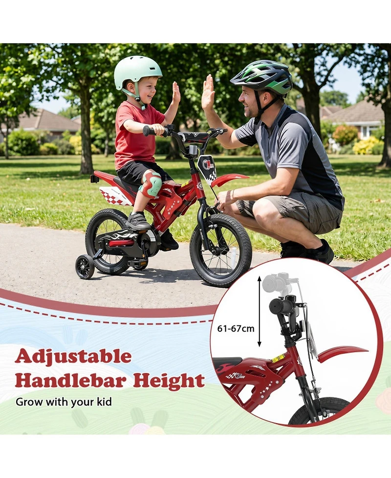 Hongge 12 in Motorcycle-Inspired Kids' Bike with Detachable Training Wheels, 143 lb Capacity, Ages 3-4