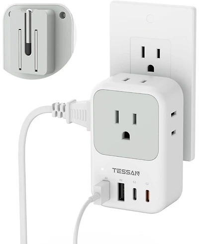 Tessan 20W Usb-c Foldable Wall Charger with Ac Outlets and Usb Ports for Compatible Devices
