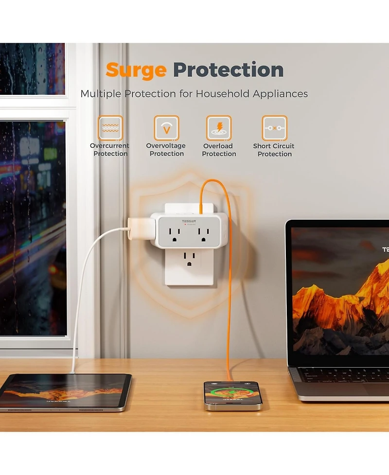 Tessan 4 Ac Outlets and 4 Usb Ports with Usb-c Outlet Extender for Compatible Devices