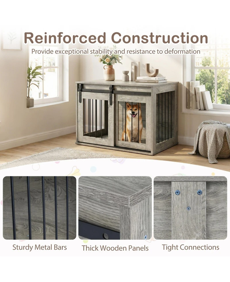Sugift Heavy Duty Dog Crate Furniture Kennel with Sliding Barn Door