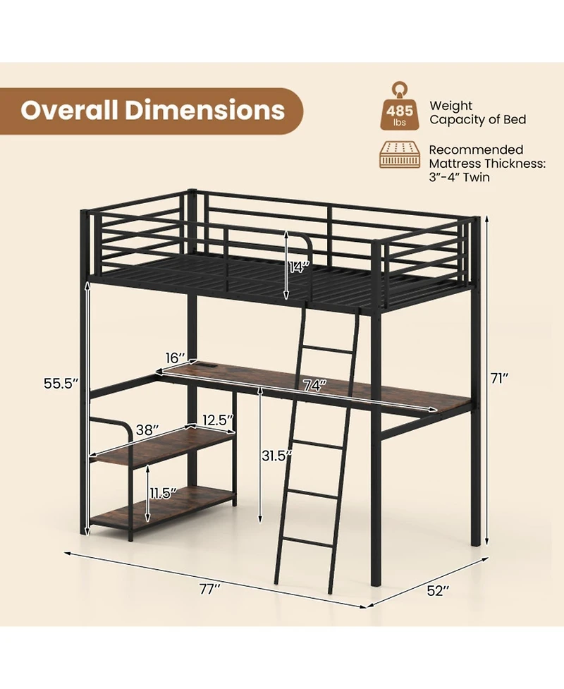 Sugift Twin Loft Bed with Desk Shelves and Charging Station for Kids and Adults