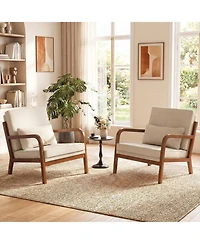 Sugift Modern Faux Leather Linen Fabric Upholstered Accent Armchair with Rubber Wood Frame
