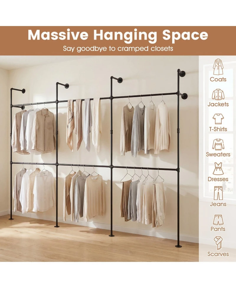 Sugift Wall Mounted Pipe Clothing Rack with 6 Hanging Rods