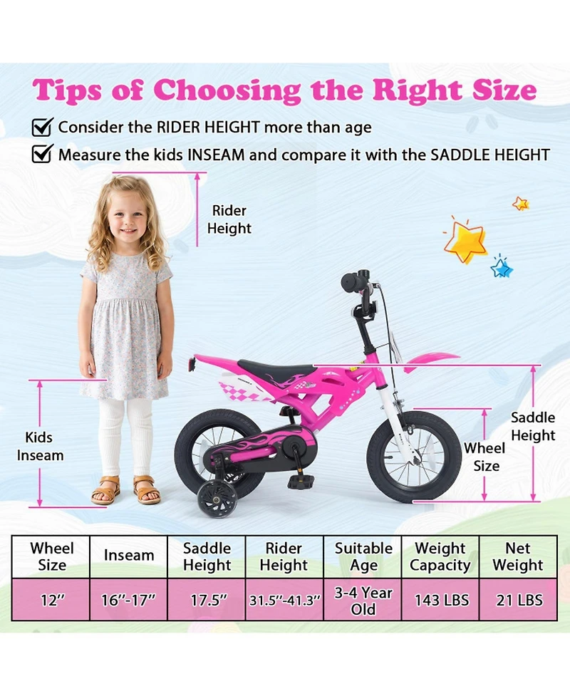 Hongge 12-Inch Motorcycle-Inspired Kids Bike with Hand Brake, Ages 3-4
