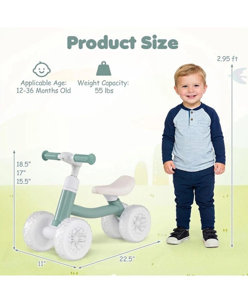 Hongge Baby Balance Bike with Light-Up Wheels and Adjustable Seat and Handlebar, 55 lb. Capacity, Ages 1-3