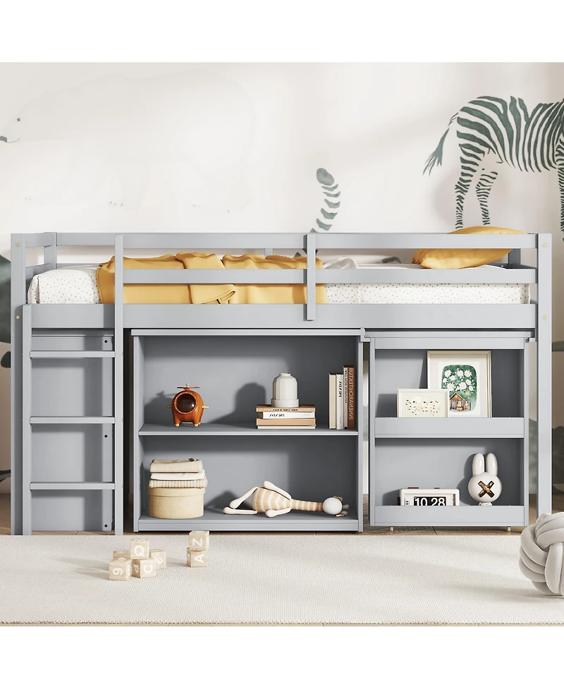 Sailvan Twin Loft Bed with Drawer Cabinet, Shelf Cabinet and Pulling Out Desk, Guardrail ,Ladder