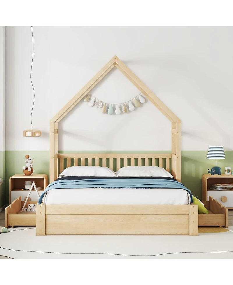 Sailvan Queen Wood House Platform Bed with Guardrail and 2 Storage Drawers