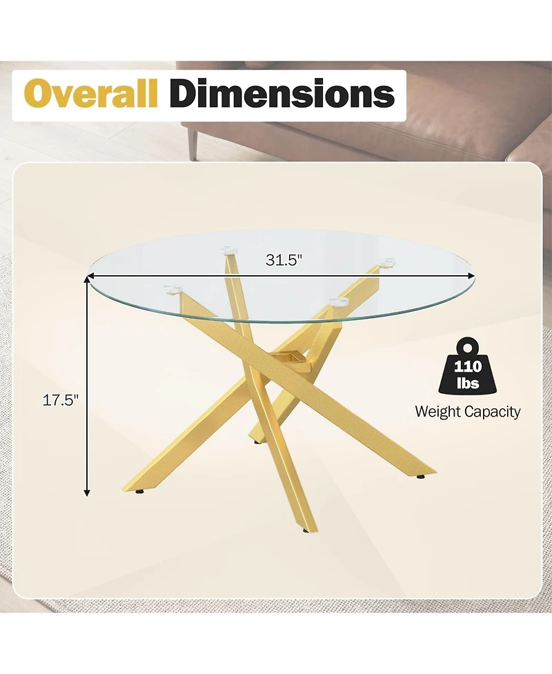 Costway 31.5" Glass Coffee Table with Tempered Top and Geometric Metal Frame