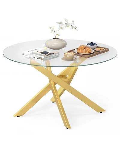 Costway 31.5" Glass Coffee Table with Tempered Top and Geometric Metal Frame