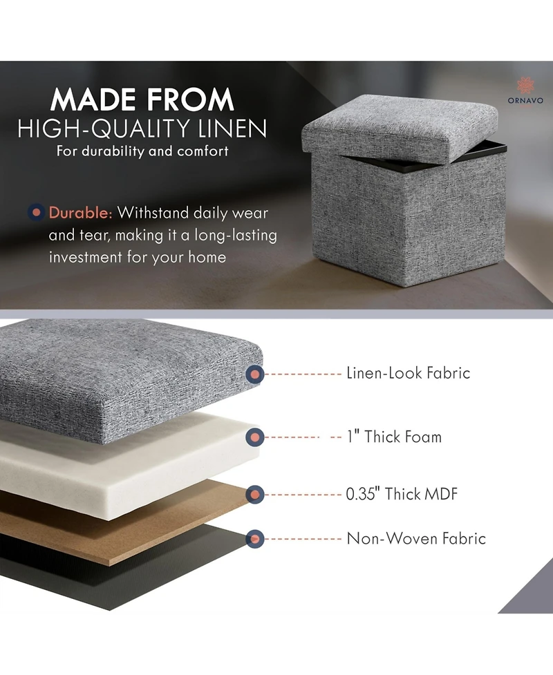 Ornavo Home 2 Pack 12" Small Square Collapsible Storage Ottoman, Foot Stool, Seat