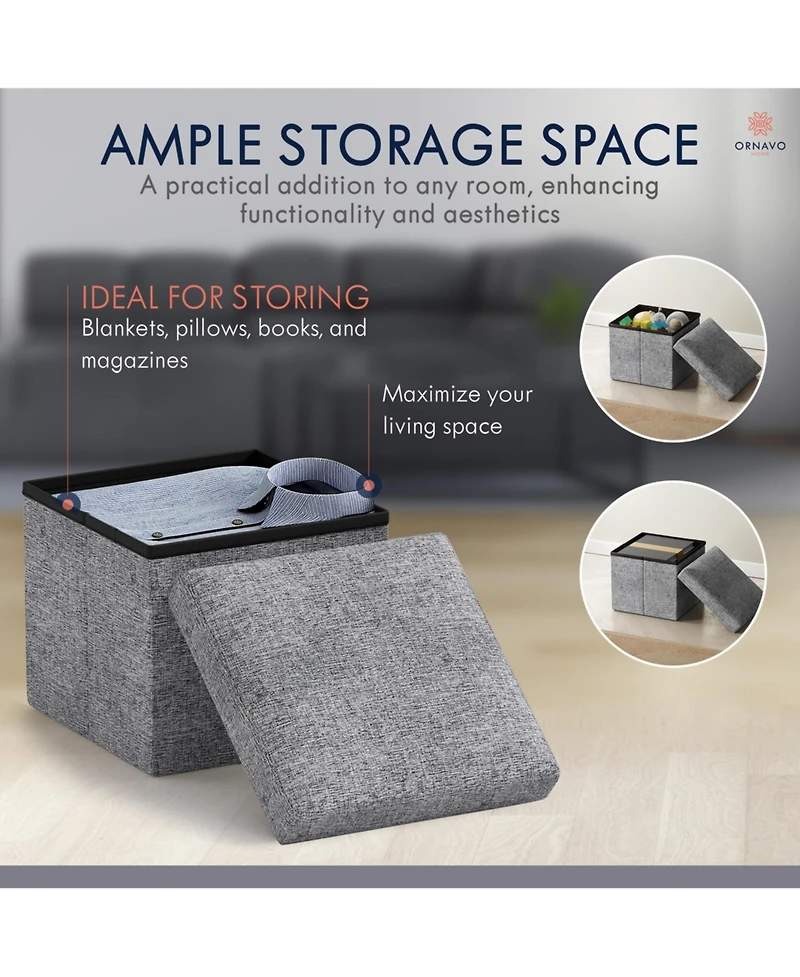 Ornavo Home 2 Pack 12" Small Square Collapsible Storage Ottoman, Foot Stool, Seat