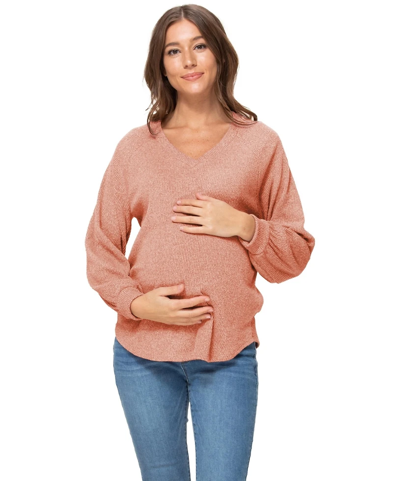 Hello Miz Maternity Lightweight Ribbed-Knit V-Neck Pullover Sweater