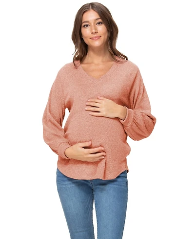 Hello Miz Maternity Lightweight Ribbed-Knit V-Neck Pullover Sweater