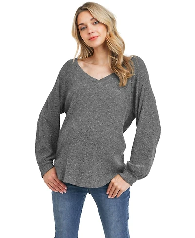 Hello Miz Maternity Lightweight Ribbed-Knit V-Neck Pullover Sweater