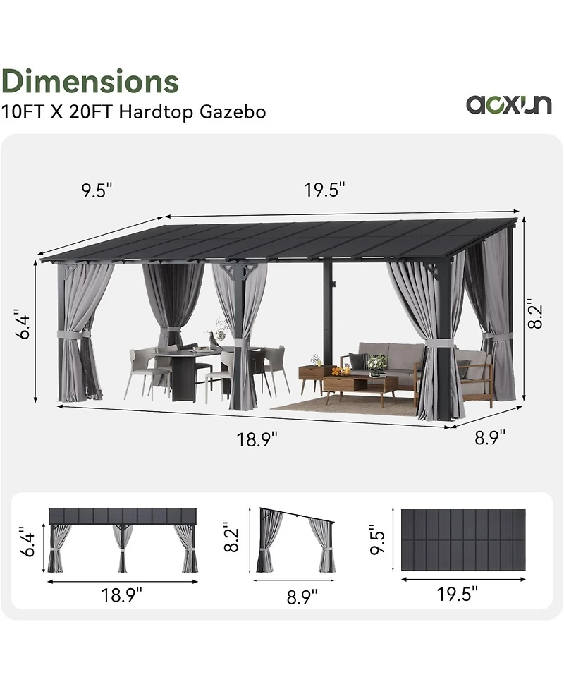 Aoxun 20'x10' Wall Mounted Lean to Gazebo, Aluminum Pergola with Polycarbonate Roof, Curtains and Net