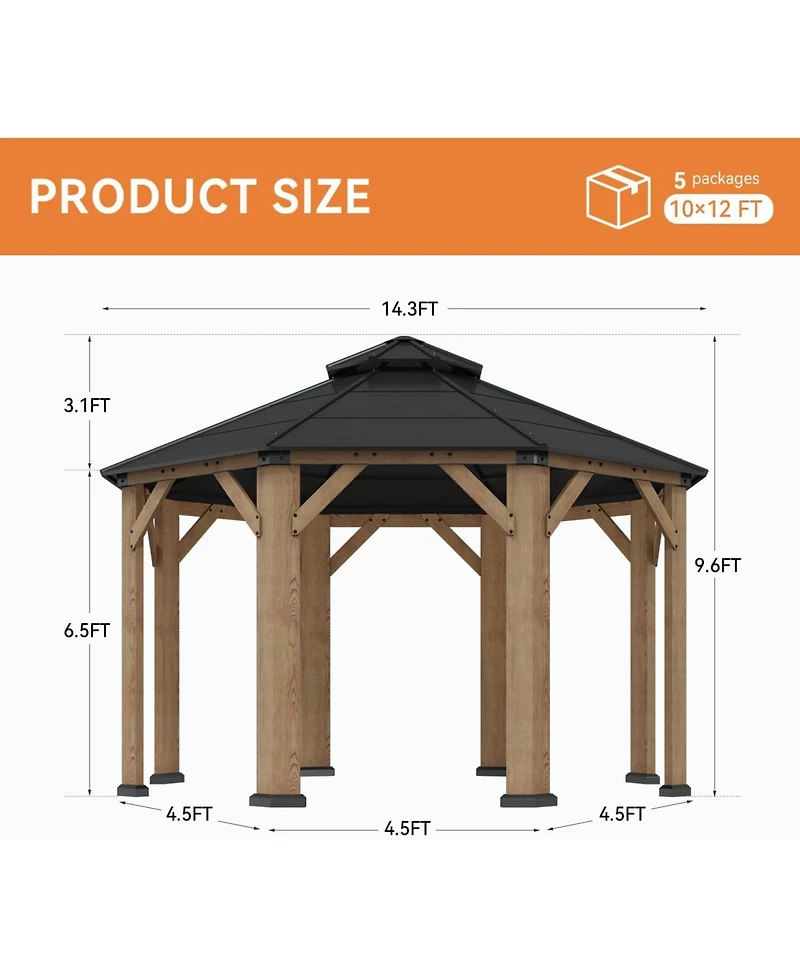 Aoxun 13'x13' Wooden Hardtop Gazebo, Outdoor Pavilion with Galvanized Steel Double Roof for Patio Garden Deck