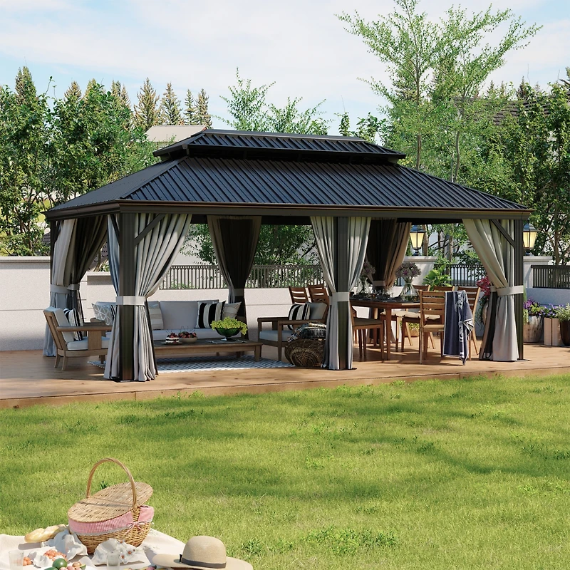 Aoxun Aluminum Hardtop Gazebo, Double Steel Roof Pavilion with Drainage System and Textilene Netting