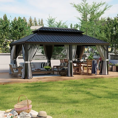Aoxun Aluminum Hardtop Gazebo, Double Steel Roof Pavilion with Drainage System and Textilene Netting