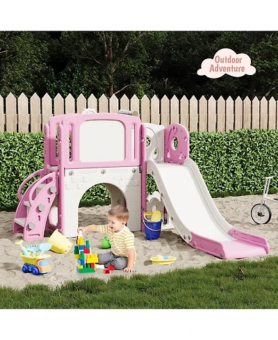 homfan 8 in 1 Toddler Slide, Pink Indoor Outdoor Playground Playset with Climber and Basketball Hoop for Kids Ages 1 to 3