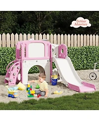 homfan 8 in 1 Toddler Slide, Pink Indoor Outdoor Playground Playset with Climber and Basketball Hoop for Kids Ages 1 to 3