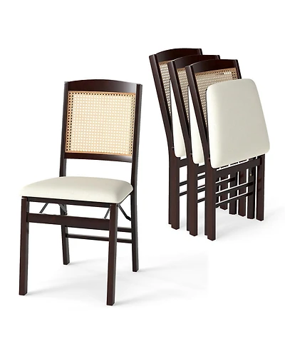 Costway Folding Dining Chairs with Linen Padded Seat and Rattan Backrest