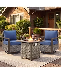 Pocassy 3 Pieces Patio Furniture Set with Fire Pit Table, Rattan Swivel Rocker Chairs Comfy Cushion