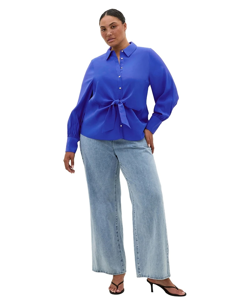 City Chic Plus Isabella Long-Sleeve Tie-Front Collared Blouse