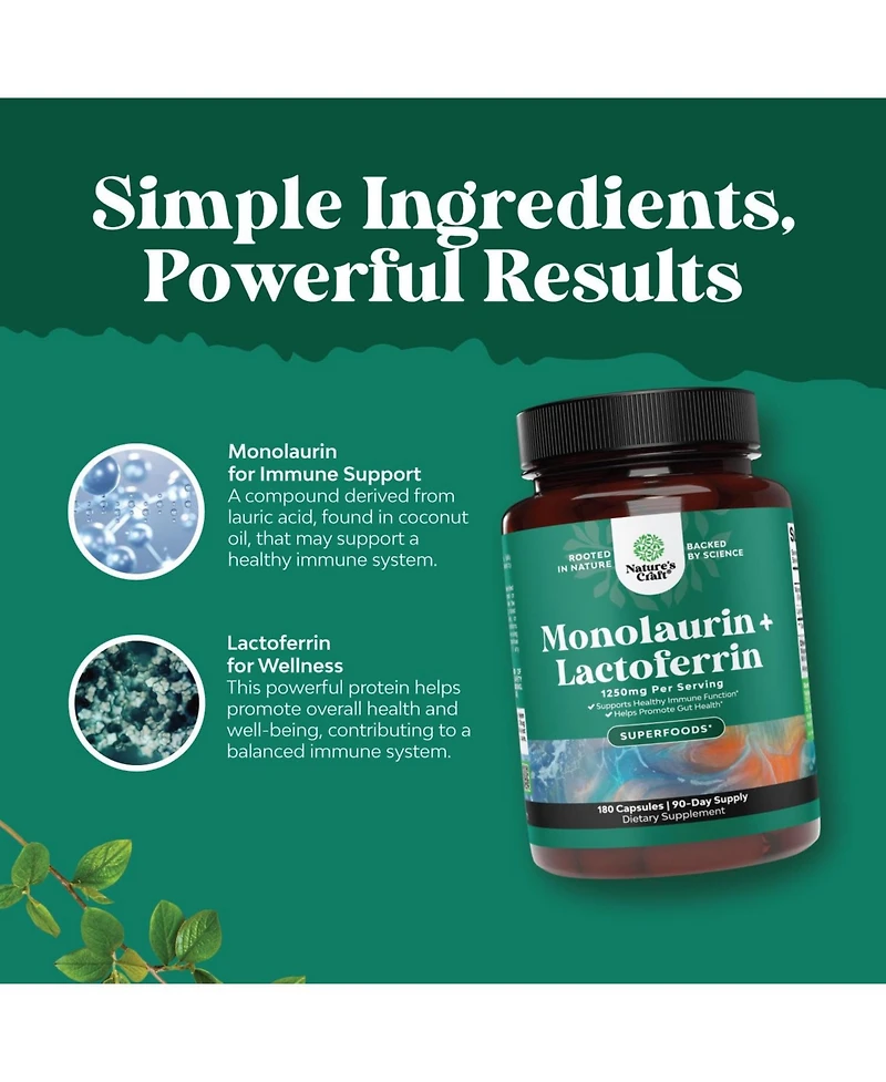 Nature's Craft Lactoferrin and Monolaurin Capsules | 250mg Lactoferrin and 1000mg Monolaurin | 180 Count