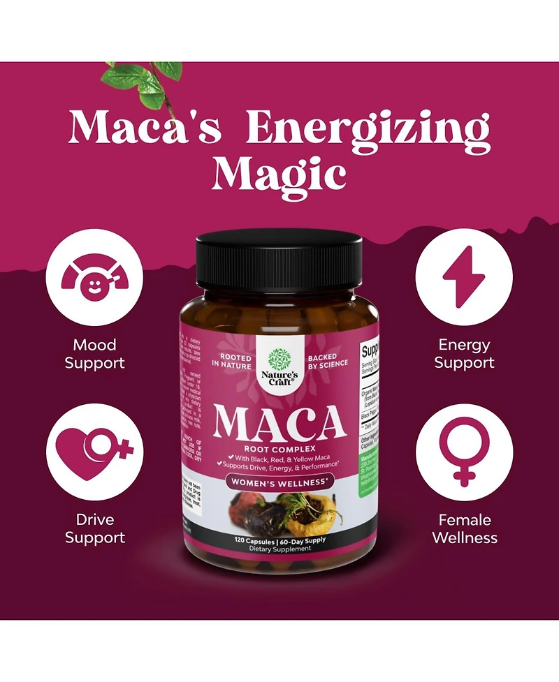 Nature's Craft Maca Root Capsules with Red, Yellow and Black Maca | 120 Count