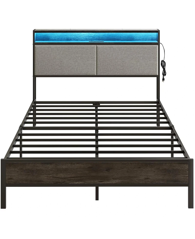 Slickblue Modern Metal Bed Frame with Storage Headboard, Led Lights