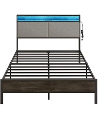 Slickblue Modern Metal Bed Frame with Storage Headboard, Led Lights