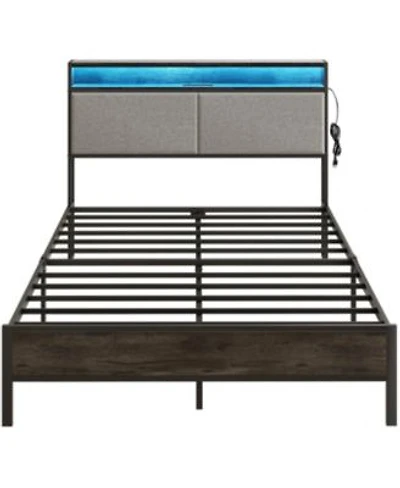 Slickblue Modern Metal Bed Frame With Storage Headboard Led Lights Usb Charging Metal Slats