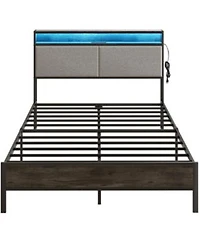 Slickblue Modern Metal Bed Frame With Storage Headboard Led Lights Usb Charging Metal Slats