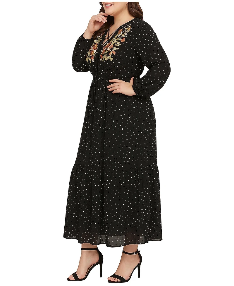 Standards & Practices Plus Polka-Dot Long-Sleeve Embroidered Detail Maxi Dress