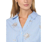 CeCe Women's Sequin Motif Balloon 3/4-Sleeve Tie-Hem Button-Down