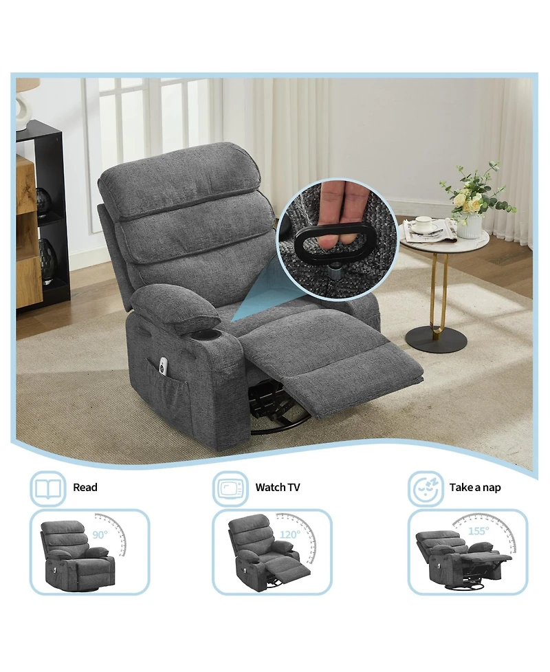 Swivel Glider Rocker Recliner With Massage and Heat, Manual Upholstered Nursing Recliner With Vibration, Side Pocket, 2 Cup Holders, For Living Room