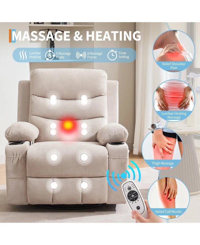 Oversized 360 Degree Swivel Glider Rocker Recliner Chair Equipped With Massage and Heat Functions, Idea For Living Room, Nursery, Bedroom
