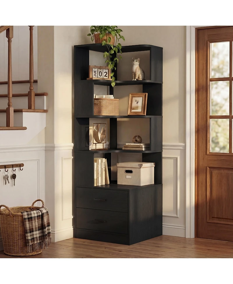 Aheaplus Small 6-Tier Corner Bookcase with 2-Drawers, BookShelf for Bedroom Storage