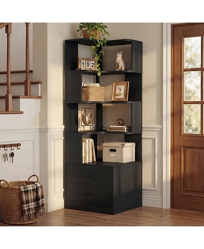 Aheaplus Small 6-Tier Corner Bookcase with 2-Drawers, BookShelf for Bedroom Storage