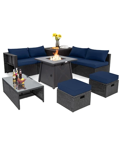 Sugift 9-Piece Rattan Patio Set with 30 in Propane Fire Pit and Dust Covers