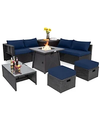 Sugift 9-Piece Rattan Patio Set with 30 in Propane Fire Pit and Dust Covers