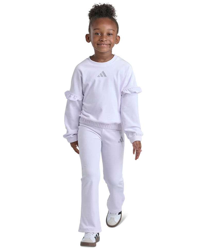 adidas Girls' 2T-6X Velour Crewneck Pullover and Flare-Leg Pants, 2-Piece Set